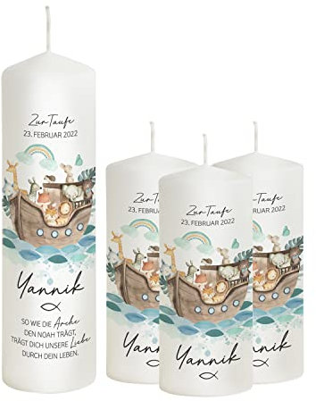 Scheinvoll® Taufkerze Arche Noah mit Regenbogen personalisiert - 25 x 8 cm Modell Yannik - Geschenk zu Taufe (mit 3 Patenkerzen)