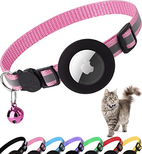 Katzenhalsband Airtag, Reflektierendes Halsband Katze mit Sicherheitsverschluss, Air Tag Schutzhülle und Glöckchen, geeignet für Katzen Aller Größen, 1 cm Breit und Leicht(Rosa)