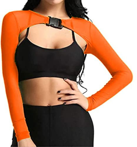 Yoisdtxc Rave Tops for Women sheer mesh long-sleeve front shrug Long Sleeve Crop Top See Through Cover Ups with Buckle (A-Orange, S)
