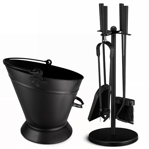BLADO 5Pc Fireplace Tools Coal Bunker Long Burner Accessories Fireside Companion Set Indoor/Outdoor Fire Pit Stand Shovel Antique Brush Chimney Poker (Paris Fireplace + Waterloo Bucket)