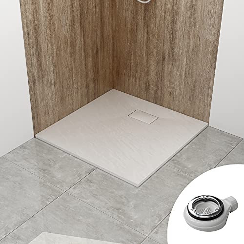 WITEN&NOCK Duschwanne 90x90 cm SMC Brausewanne Steinoptik Antirutsch Duschtasse Höhe 3,2 cm Niedrige Schwelle Extraflach Brausetasse mit Edelstahl-Abflussrinne und Ablaufgarnitur Ø 90 mm