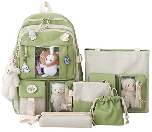 OKESYO Kawaii Rucksack mit Niedlich Anhänger Zubehör 5 Teiliges Set, Große Harajuku Segeltuch Schulranzen Trendy Schultasche College Reise Dame Abzeichen Rucksack Schüler Büchertasche(Grün)