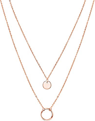 day.berlin Damen Halskette Circle in Rosegold 18k vergoldet, Layering Kette 42cm & 50cm Länge + 5cm, variable Länge mit Ring und Coin Anhänger, 316L Edelstahl nickelfrei und wasserfest