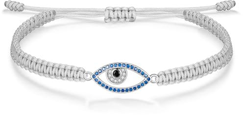 J.Endéar Böser Blick Armband für Damen Mädchen Silber 925 Zirkon Auge Armband, Geflochtenes Seil Frauen Armband Verstellbar, Glück Schutz Amulett Geschenk, Grau