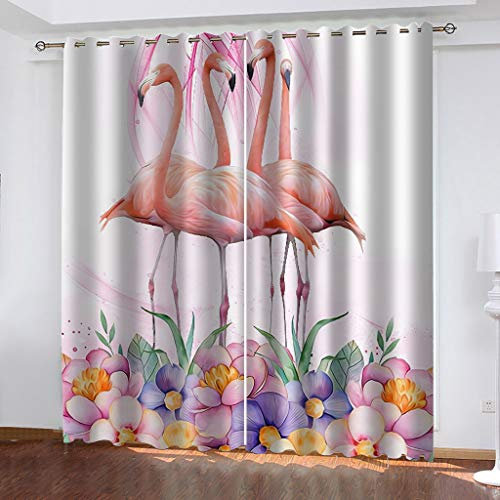 Blickdichte Vorhänge Mit Motiv 3D Blumenbusch Rosa Flamingo Kinder Gardinen Blickdicht Ösen Gardine Thermo 264x214 cm Schlafzimmer Kinderzimmer Vorhänge Dekoratives Muster, Verdunklungsvorhänge