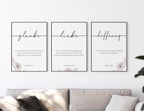 timalo SALT-AND-LIGHT® Christliche Wandbilder Bibelverse Deutsch Poster 3 Stück im 3er Set Wanddeko Wohnzimmer Deko Schlafzimmer | Glaube, Liebe, Hoffnung | A4