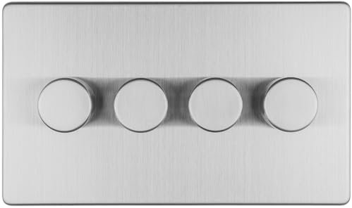 4 Gang Rotary Dimmer Switch 2 Way LED SCREWLESS Satin Steel Light Dimming Wall - Decorative Metal Wall Plate