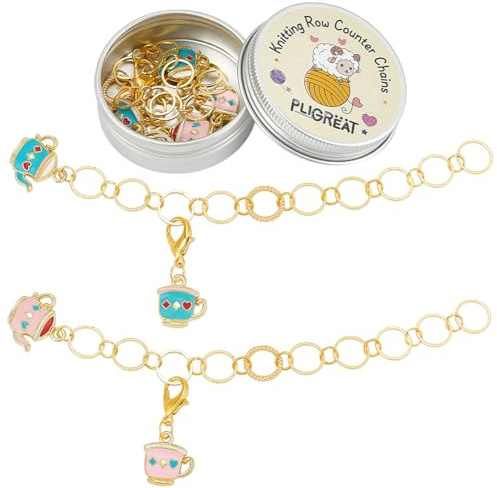 PLIGREAT 2 Sets Enamel Tea Pot Teacup Charms Knitting Row Counter Chains Crochet Locking Stitch Marker Rings Knitting Tool Kit with Storage Tin Box Gifts for Tailors Grandma Mom DIY Crafts Accessories