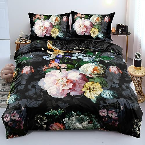 Housse de Couette Fleurie 240 x 260 3D Noire Rose Motif Fleurs Parure de Lit en Microfibre Adulte Parure Housse Couette 240 x 260 avec Fermeture Éclair 2 Personne avec 2 Taies d'oreiller 65x65cm