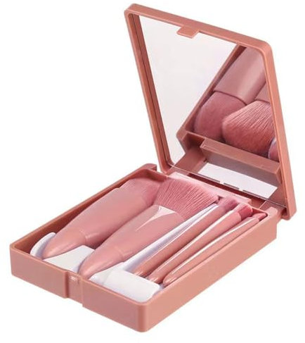 FDCGAS Make up Pinsel set- 5 pcs Reise Kosmetik Pinsel Set mit Spiegelbox,Tragbar Schminkpinsel,Profi Kosmetikpinsel mit Etui,Vegan Gesichtspinsel Pinsel Lidschattenpinsel für Reisen,Puder,Rouge