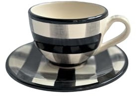 Olivia Love Store Tazón y plato Vichy Negro. Taza XL y plato a juego hecho a mano. Cerámica artesanal, pieza única y original.