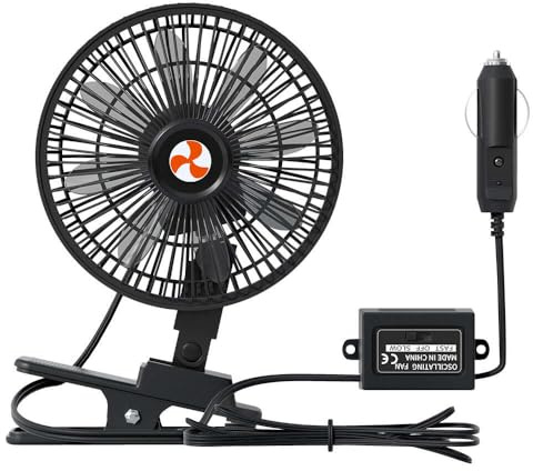 XGGYA 12 Volt Oscillating Fan, 8 Inch Portable Car Fan with Car Cigarette Lighter, 360° Cooling Ventilation, Car DC Clip Fan, Truck, RV, Automotive 12v Fan (Cord Length 6FT)