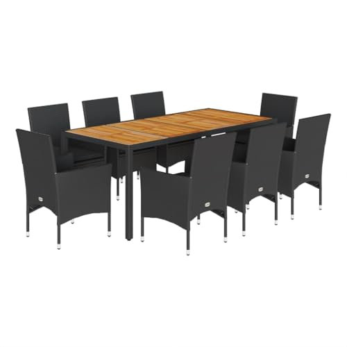 vidaXL Garten Essgruppe 9-TLG., Gartenmöbel Set mit Kissen, Gartengarnitur Tisch 8 Stühle, Lounge Sitzgruppe Sitzgarnitur, Schwarz Poly Rattan Akazie