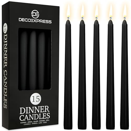 DECO EXPRESS Stabkerzen Set 6er, 10, 15 oder 50er, Lange Brenndauer bis zu 8 Std, Geruchslos (Schwarz - 15er-Pack)