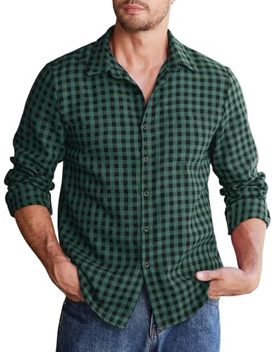 COOFANDY Chemise à carreaux à manches longues pour homme, coupe classique, chemise boutonnée en flanelle décontractée à carreaux pour homme, Vert foncé/noir, XL