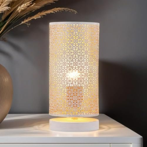 Marrakesch Tischlampe Nachttischlampe 25cm groß | Boho Deko Lampe im Wohnzimmer Schlafzimmer oder Kinderzimmer | Moderne Tischleuchte Tuza weiß aus Metall mit E27 Fassung