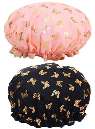 2Pcs Shower Caps - Bath Caps/Elastic Band Double Layers Shower Cap With Ruffled Edge Covering Ears/Waterproof Reusable Bath Hair Hat for Girls Women Ladies Spa Salon (Pink-Black)