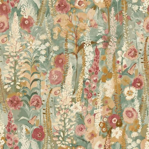 Delphinium Sage Green Wallpaper - Painted Floral Design Flowers Botanical Traditional - Textured Paste The Wall Vinyl