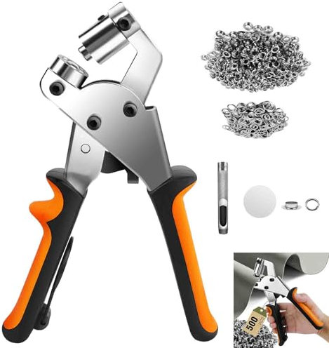 Ösenzangen-Set, Ösenzangen-Set mit 500 Ösen (Durchmesser 10 mm), Magnetische Ösenpresse aus gehärtetem Stahl für Planen Stoffe Planenösen Metallösen Ideale Sichere Ösenstanze
