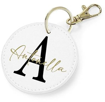 Mr. Gadgets Portachiavi Eco Pelle Personalizzabile con Nome - e Lettera Maiuscola (Tondo, Bianco)