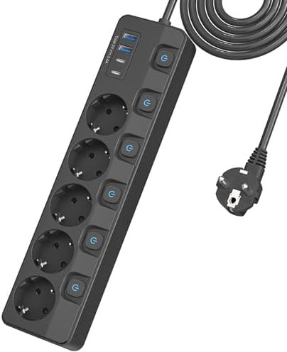 5 Fach Mehrfachsteckdose mit Schalter einzeln schaltbar,KEPLUG Steckdosenleiste mit 4USB überspannungsschutz wandmontage,Steckerleiste 2 m Büro,küche,Tisch