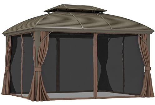 Outsunny 3.65 x 3(m) Hardtop Steel Gazebo Canopy for Patio Heavy Duty Outdoor Pavilion with Aluminium Alloy Frame, Double Roof, Net Sidewalls and Curtains, Coffee