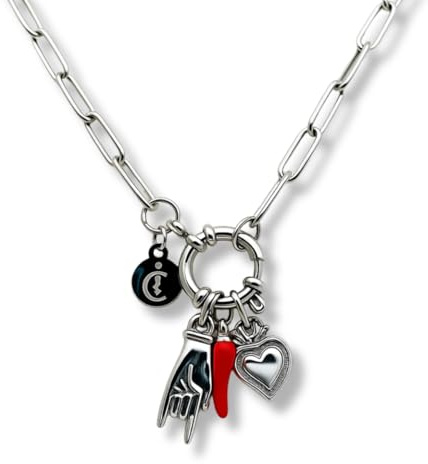 LA CORNE ITALIENNE Halskette Vabbe Gliederkette, Horn, Mano Cornuto, heiliges Herz aus Stahl, Unique, Edelstahl, Kein Edelstein