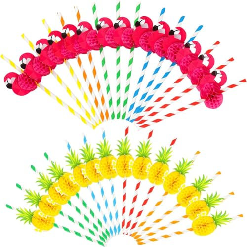 Cocktail Straws, 50PCS Flamingo Paper Straws, Hawaiian Cocktail Party Straws Drink Decoration,Fun Paper Straws for Tropical Hawaiian Birthday Party Beach Summer Pool Party Favors (Flamingo+Pineapple)