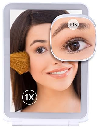 Fantasia Beauty Schminkspiegel mit Beleuchtung – Reiseklappspiegel mit 10-Fach Vergrößerung & LED-Licht – Langlebiger Akku & 3 Lichtmodi – ideal für unterwegs – Kosmetikspiegel für präzises Make-up