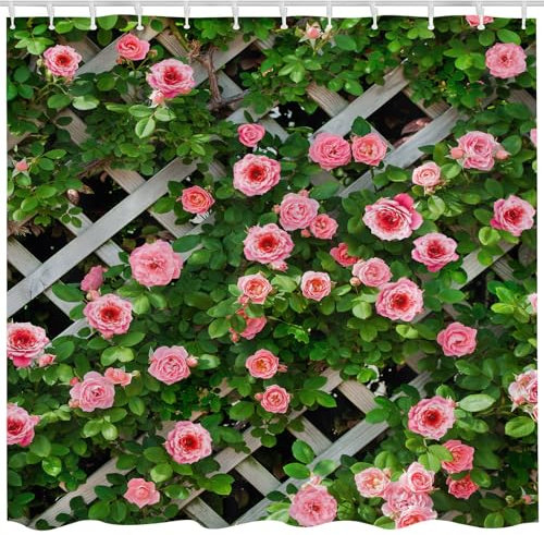 Qucarder Garden Shower Curtain Rustic Rosemary Roses Flower on Fence Bath Curtain Waterproof Shower Curtains for Bathroom Decor with 12 Hooks 72x72 Inch