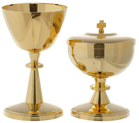Holyart Cáliz y copón latón Dorado lúcido, CálizDiámetro Copa Cáliz: 8 cm|Diámetro píxide: 8 cm|Altura cáliz: 12.5 cm|Altura píxide: 13 cm|Capacidad Cáliz: 150 ml
