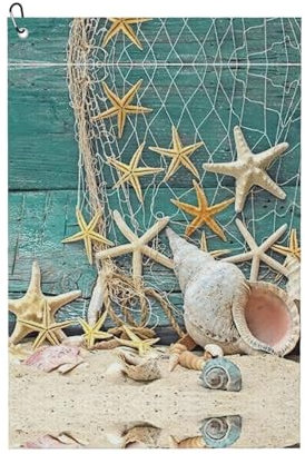 YUBVCF Golf-Handtuch mit Seestern-Muschelmotiv, 40,6 x 61 cm, Waffelgewebe mit Karabiner für die Reinigung des Clubs