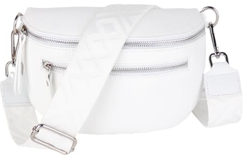 MIRROSI® Damen Bauchtasche Umhängetasche 27x14,5x8cm Damen, Made in Italy, aus Echtleder Tasche Echtes Leder, Brusttasche, Crossbody Bag,Bohemian Style (1 Tasche 2 Gurte) (Weiß (Fischgrät))