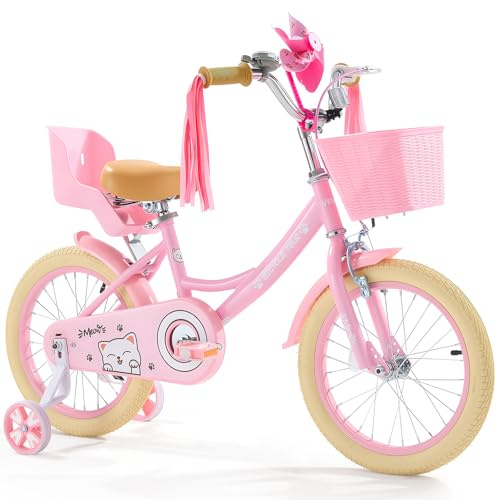 VEVOR Vélo Enfant 100-130 cm, Style Princesse, avec Roues Stabilisatrices Amovibles, Selle Réglable, Facile à Monter, Frein à Main et à Pied, Vélo pour Tout-Petits, Filles, Débutants de 4-8 Ans, Rose