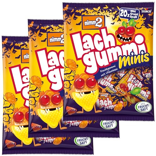 Lachgummi Minis Halloween Edition 3er Pack Fruchtgummi mit Vitaminen | fruchtig-buntes Weingummi für Kinder und Erwachsene, Party-Snack mit lustigen Witzen auf der Rückseite