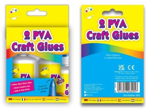 PVA Craft Glues, 2 x 40ml Bottles, White Clear-Drying Adhesive, Non Toxic, Kids Children School Holiday Activities