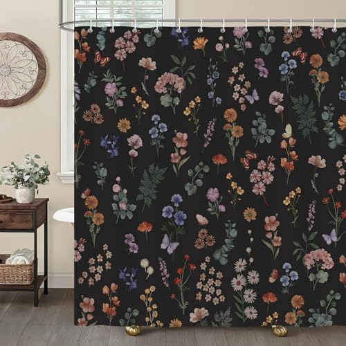 COZZSNUGE Rideau de Douche Fleurs Noires, Rideau de Baignoire Vintage Boho Feuille Floral Ferme Rustique 180 x 180 cm Polyester Imperméable Résistant à la Moisissure 12 Crochets