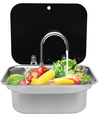 Evier Camping Car, Kit D'évier de Cuisine et Bidon Rv Pliant Carré Lavabo à Main en Acier Inoxydable avec Robinet+Couvercle, Kit de Lavabo de Caravane Pour Caravane, Camping Car
