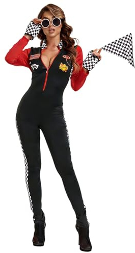 Rennfahrer Kostüm Damen Sexy Overall, Formel 1 Kostüm Damen - Karneval Outfits Rennanzug Mit Rennfahrer Overall, Strumpfhosen, Karierte Unterwäsche, Handschuhe Für Erwachsene Karneval Cosplay 1