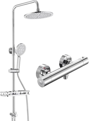 Auralum Chrome Ensemble complet de douche de pluie en acier inoxydable, avec diviseur d'eau en laiton, étagère sans perçage, rond pommeau de douche 250 mm