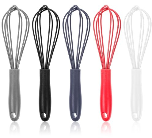 Elegaperma 5 Pcs Silicone Wisk,18 CM Portable Handheld Silicone Whisk Small | Wisking Tool Silicone for Non Stick Pans,Cream Foam Maker,Eggs and Dressings(Black,Red,Navy Blue,Gray,White)