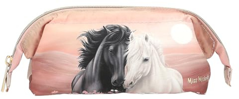 Depesche 13971 Miss Melody Blossom Pony - Schlampertasche mit Bügel, in Beige und Rosa, mit Pferde-Motiv und Pferde Muster, Federtasche inkl. Reißverschluss-Fach außen