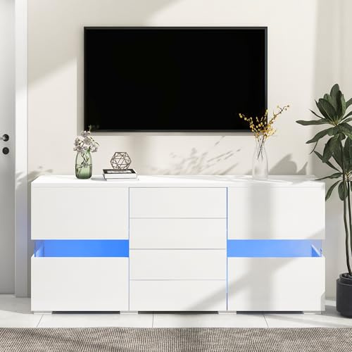QQJIN Sideboard Weiss mit LED, 2 Klartüren + 4 Schubladen, Hochglanzfronten & Matter Korpus, 140cm Kommoden & Sideboards für Wohnzimmer, Küche, Flur,G