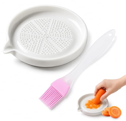 Grattugia in Ceramica con Spazzola di Pulizia, Grattugia Circolare con Denti Triangolari e Beccuccio, per Zenzero, Aglio, Mele, Formaggio Duro, Antiruggine, Bianco
