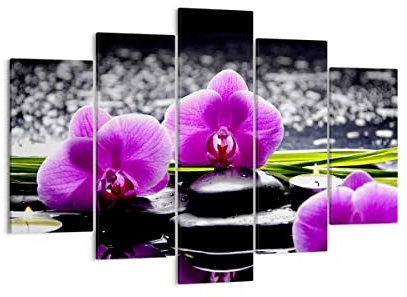 Bilder auf Leinwand 150x100cm Leinwandbild Orchidee Natur Wasser Blume Groß XXL Wanddeko Bild Schlafzimmer Set 5 teilige Wandbilder Dekoration Wohnzimmer Canvas Wand Kunstdruck Art EA150x100-2658