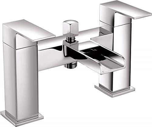 Veebath Square Waterfall Bath Shower Mixer Filler Tap Kit, Hot and Cold Taps, Dual Lever Tap with Shower Attachment, Square Bathroom and Basin Taps - Chrome,G3/4