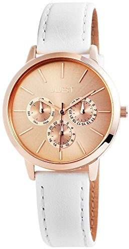 Just Damen – Uhr Echt Leder Armbanduhr Analog Quarz Dornschließe JU10073 (Weiß Roségoldfarbig)