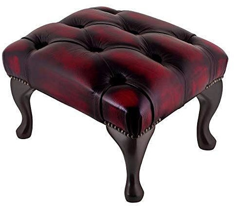 Repose-Pieds Chesterfield en Cuir Rouge Sang de bœuf avec Pieds Queen Anne