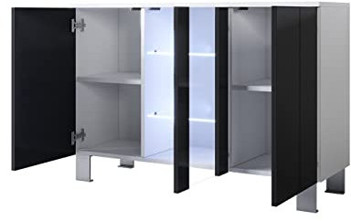 MB Muebles Bonitos, Buffet Meuble TV avec Pieds 2 cm Luke A1 pour Salon et Salle à Manger avec Lumière LED, Meuble en Mélamine Brillante, Couleur Blanc et Noir, 120x82x40 cm