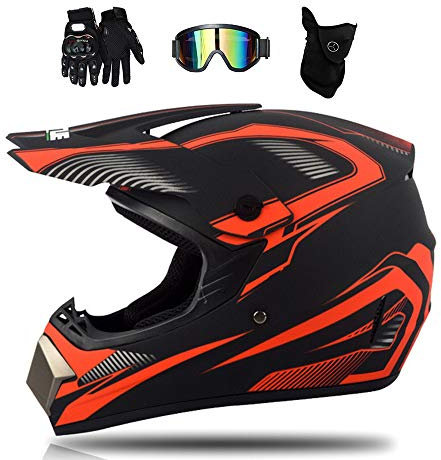 MRDEAR Motorrad Crosshelm Schwarz und Rot, Fullface Motocross Helm Set Kinder Adult mit Brille (4 Stück), Cross Enduro MTB Helm Mopedhelm Motorradhelm für Downhill Bike Mountainbike ATV BMX,M